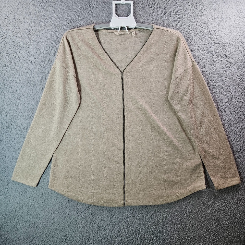 Soft Surroundings Tunic Top Women Large Detailed V-Neck Soft Preppy Dark Beige